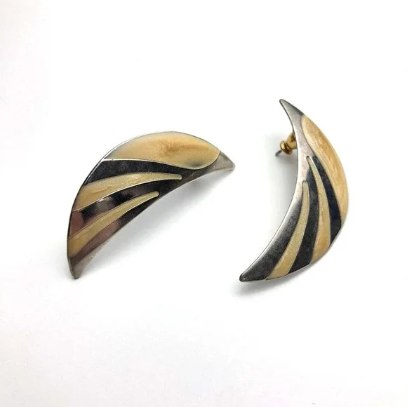 Vintage Two-Tone Crescent Earrings - Picture 1 of 4